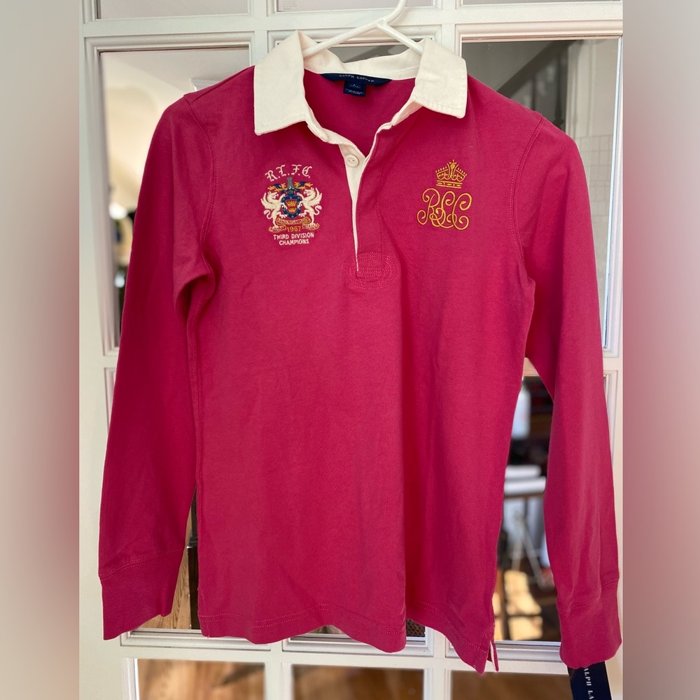 NWT Ralph Lauren girls rugby long sleeve shirt in pink size 12-14.